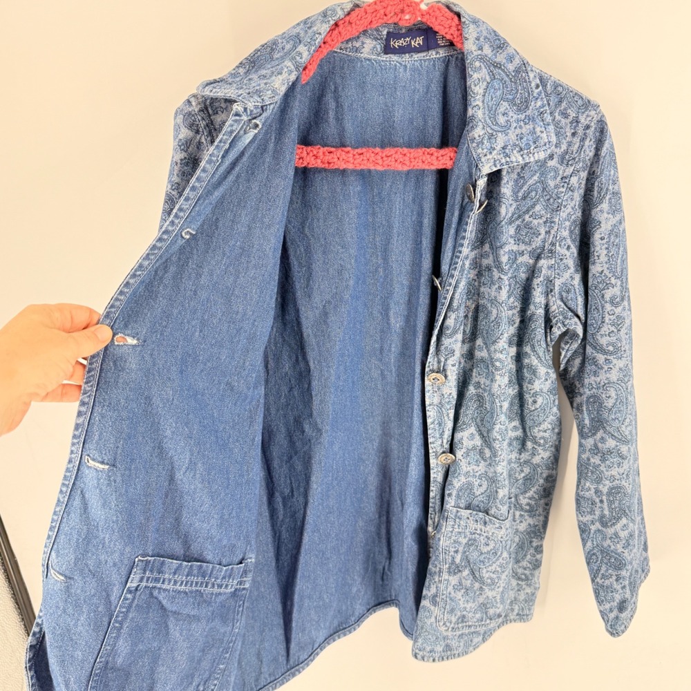 Krazy Kat Reversible Denim Jacket Blue Paisley Size S Boho Chore Coat Cotton - Picture 8 of 10